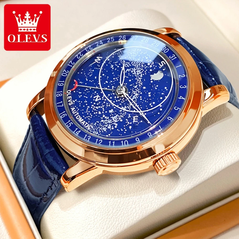 OLEVS Brand Fashion Starry Sky Mechanical Watches for Men Leather Waterproof HD Luminous Automatic Watches Mens Relojes Hombre