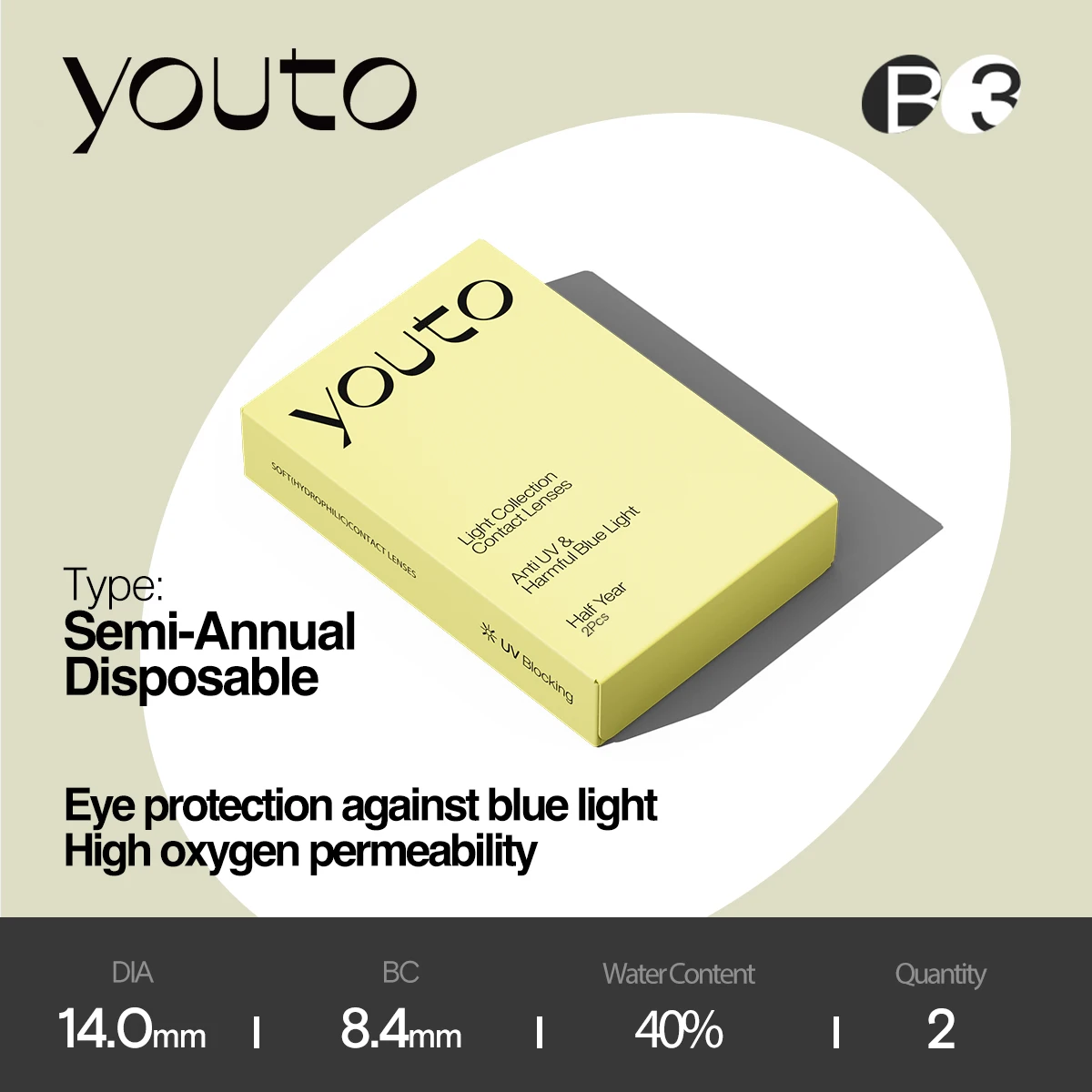 

Youto Light 6-Month Soft Contact Lenses, BC 8.4 mm, DIA 14.0 mm, 40% Moisture, Contact Lenses that Reduce Retinal Blue Light