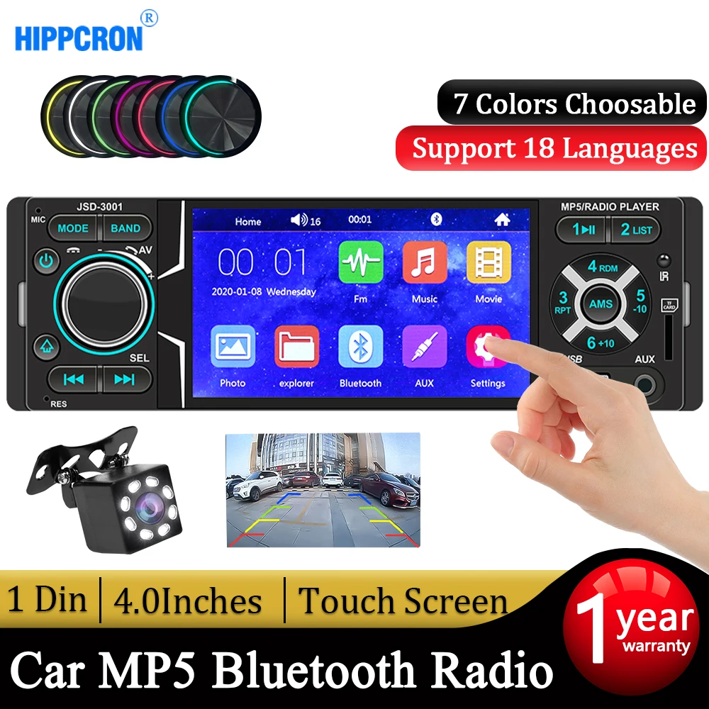 Hippcron-Auto-rádio multimídia, estéreo automotivo, 1 din, MP5, MP3 Player, Receptor FM, Bluetooth, Tela sensível ao toque, 4.0 ", AUX, 12V, 4x60W - AliExpress
