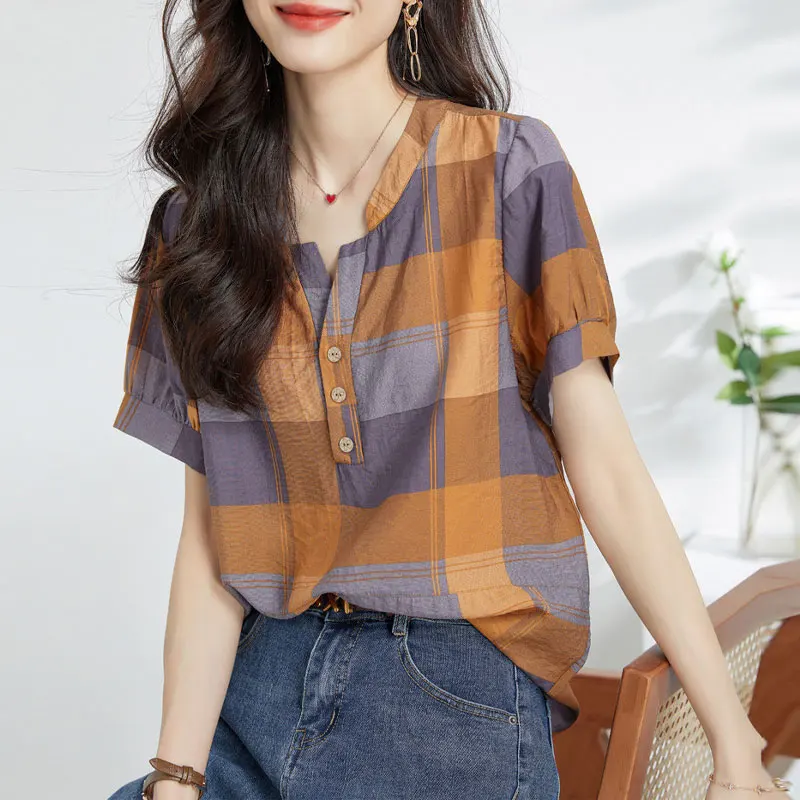 Women's Clothing Plaid V-Neck Shirt Stylish Button Summer New Vintage Short Sleeve Korean Loose Commute All-match Spliced Blouse cokal high quality plaid vintage pocket office women s stylish slim casual style blazer single button suit jacket