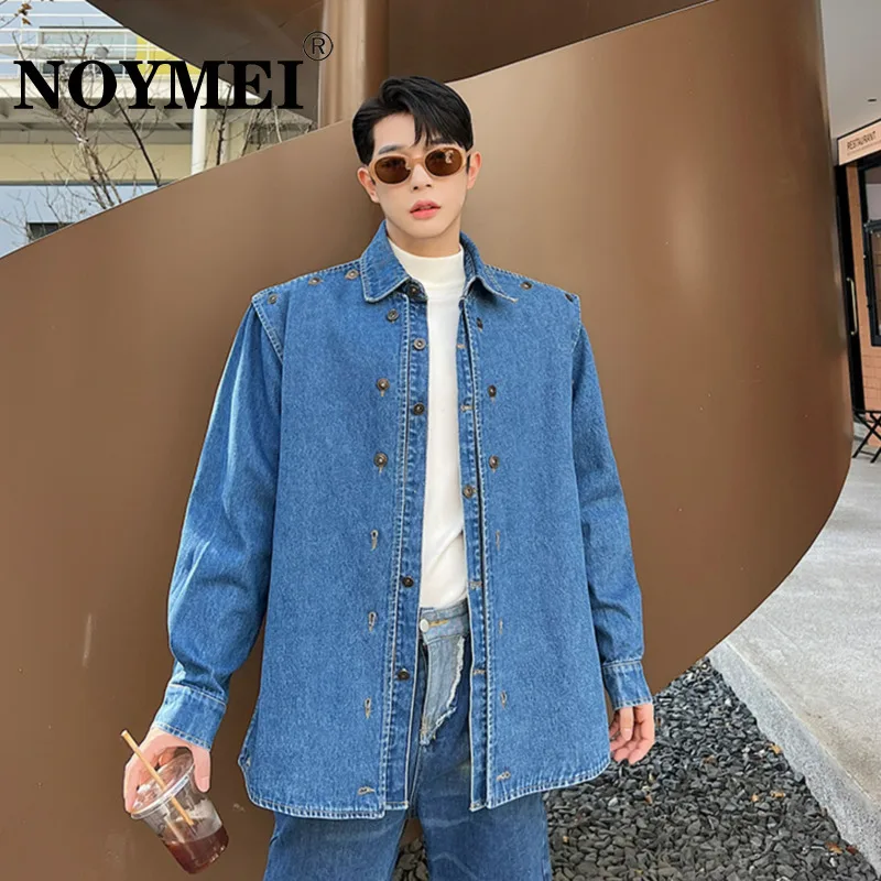 

NOYMEI Chic High Street Niche Heavy Industry Denim Shirt Korean All-match Men Top Solid Color Button Decoration Autumn WA2444