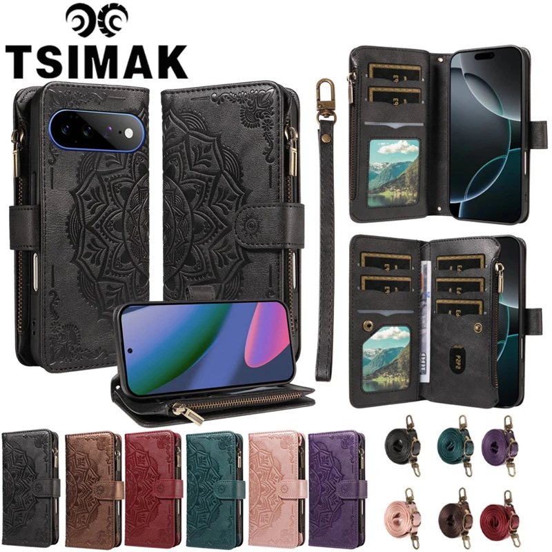Leather Flip Wallet Case with Zipper and Magnetic Closure, Card Holder, and Lanyard