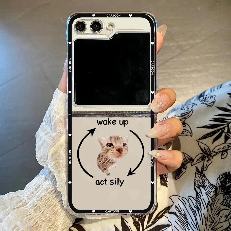Funny Cartoon Cat Wake Up Act Silly Meme Phone Case - Cute Hard PC Folding Cover