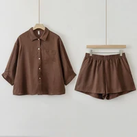 Women 2025 Summer Casual Linen Blouse Shorts Sets - Image 2