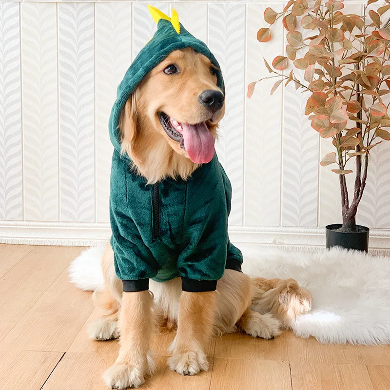 A dog wearing a dinosaur costume.