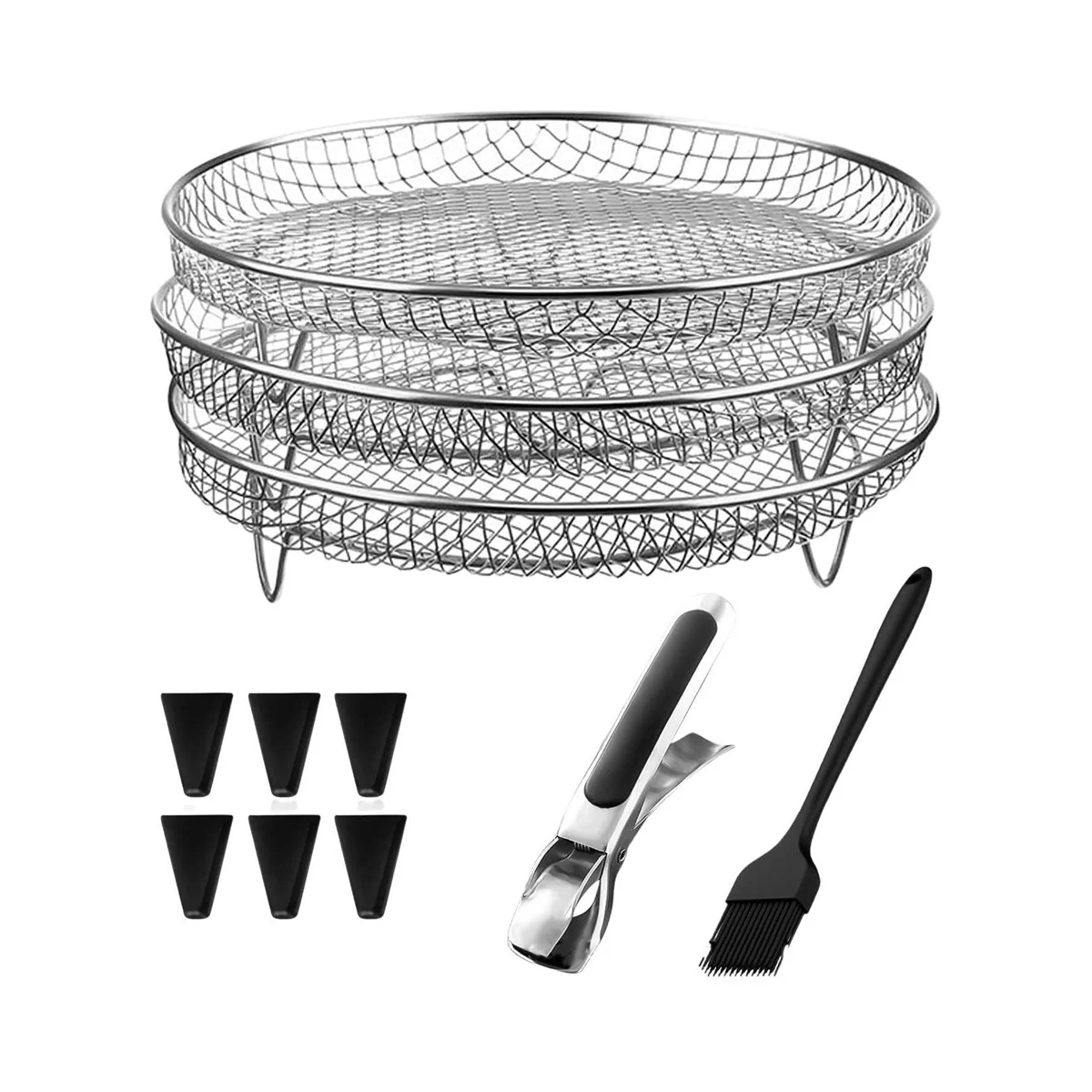 Air Fryer Rack Stainless Stackable Grid Grilling Rack for Ninja Air Fryer Basket+Heightening Feet Dish Clamp Oil Brush