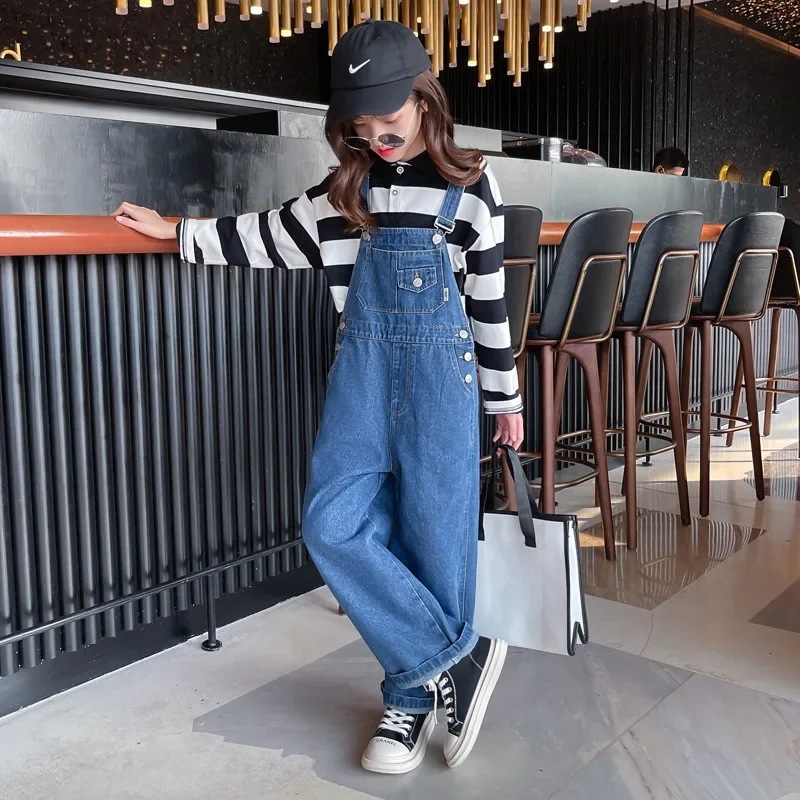 

Teenage Girls Loose Denim Jumpsuits 2023 Autumn Casual Kids Wide Leg Straight Trouser Student Children Solid Blue Jeans Overalls