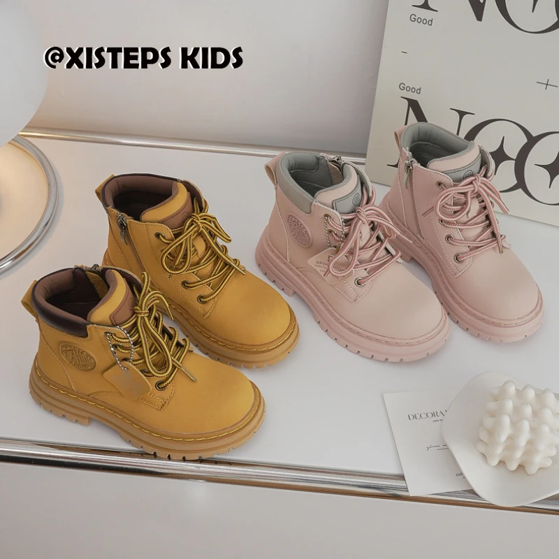 

High Quality Children Retro Ankle Boots Yellow Pink High Top 2-12Y Toddler Leather Boots Autumn Winter Warm Shoes For Girls Boys