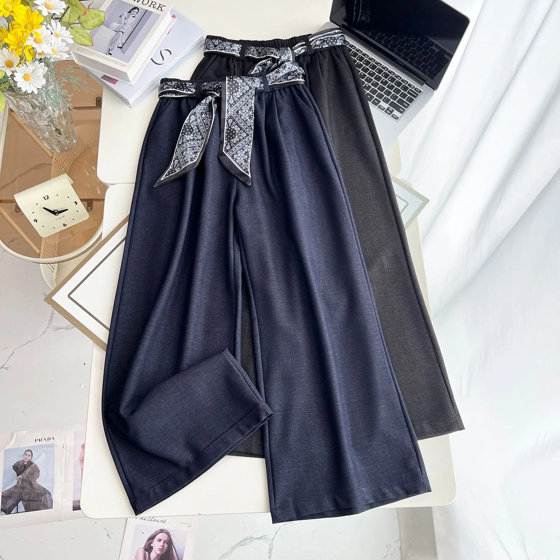 Fashion Autumn New Style Elegant Silk Waistband Straight Full Length Pants Plus Size Women's Wide Leg Trousers