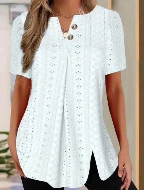 

2023 New Hot Selling Fashion Round Neck Pullover Hollow Out Panel Button Short Sleeve Split Bottom T-Shirt for Women