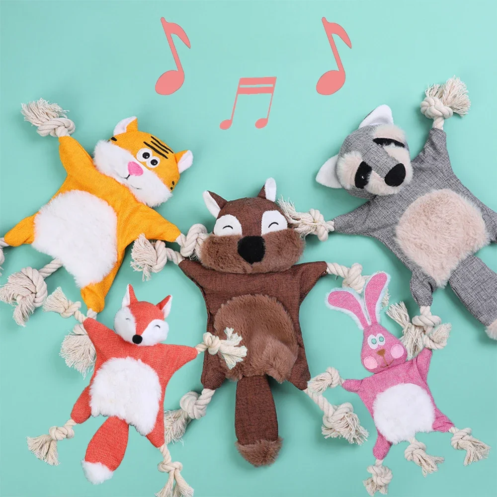 

Funny Soft Plush Rope Cute Squeaky Sound Toys Fox Squirrel Grizzly Bear Chew Dog Toy Accessories Supplies Cotton Knot Vocal Toy