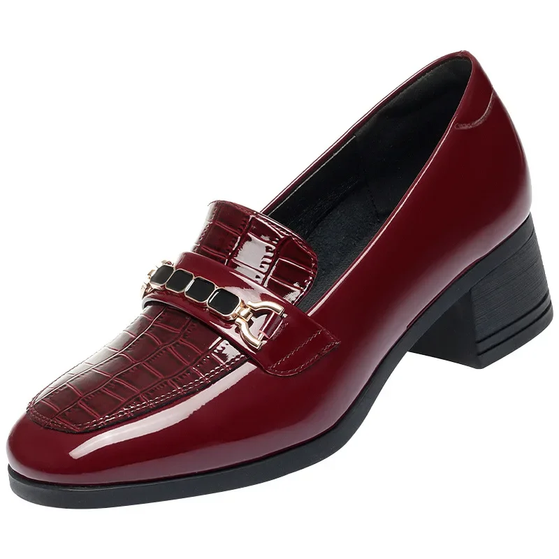 Vintage British Style Patent Leather Shoes Deep Mouth Women Pumps 2024 Spring Block High Heels Shoes Women Office Model Loafers 6