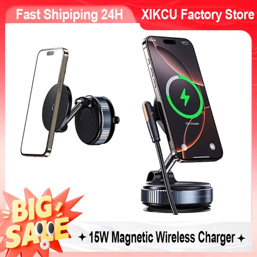 XIKCU Car Magnetic Wireless Charger Holder Vacuum Suction Cup Stand For iPhone 16-12 Pro Max 360° Rotation Fast Charging Station
