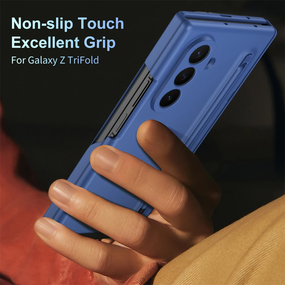 Luxury Steel Film Pen Slot Phone Case with Tempered Glass and Hinge Protection Cover