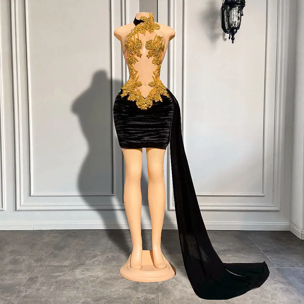 green emerald velvet dress Long Black Sweetheart Prom Dress with Gold Trim– PromGirl main image 1