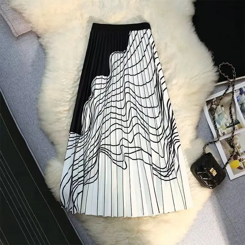 Fashion Color Block Irregular Striped Skirt Women High-end Black and White Elasticity Casual All-match Lady Pleated Skirt atc semitec 104gt 2 104nt 4 r025h42g thermistor high temperature 280℃ for ender 3 v6 volcano heater block