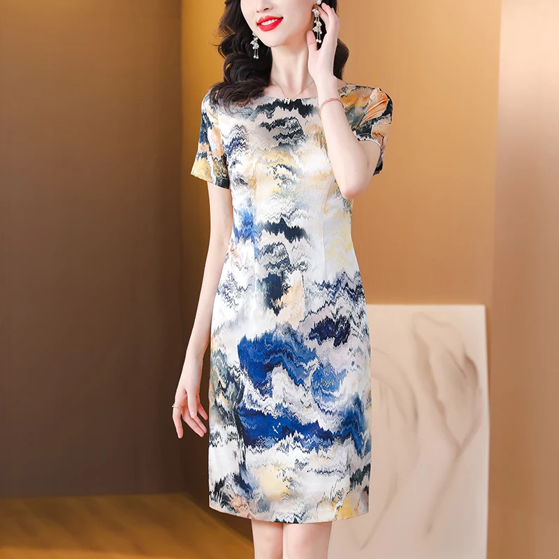 

Женское шелковое платье средней длины, приталенное шелковое платье с круглым вырезом и короткими рукавами, осень 2023