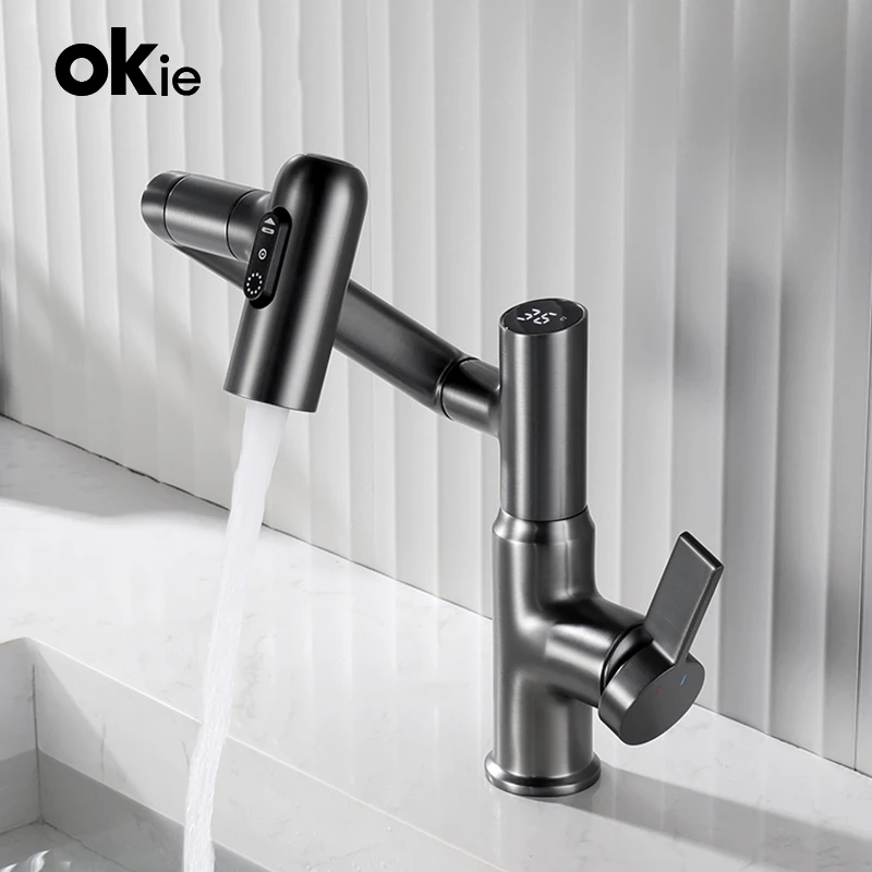 

Gun Gray Digital Display LED Bathroom Basin Faucet 360 Rotation 3 Mode Spray Multi-function Hot Cold Water Sink Mixer Tap Brass