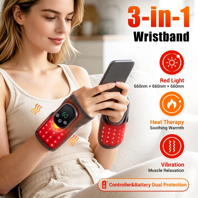660nm Infrared Wrist Massager Red Light Heating Vibration Massage Wrap Brace Electric Wristband Pad for Hand Joint Support Relax 1
