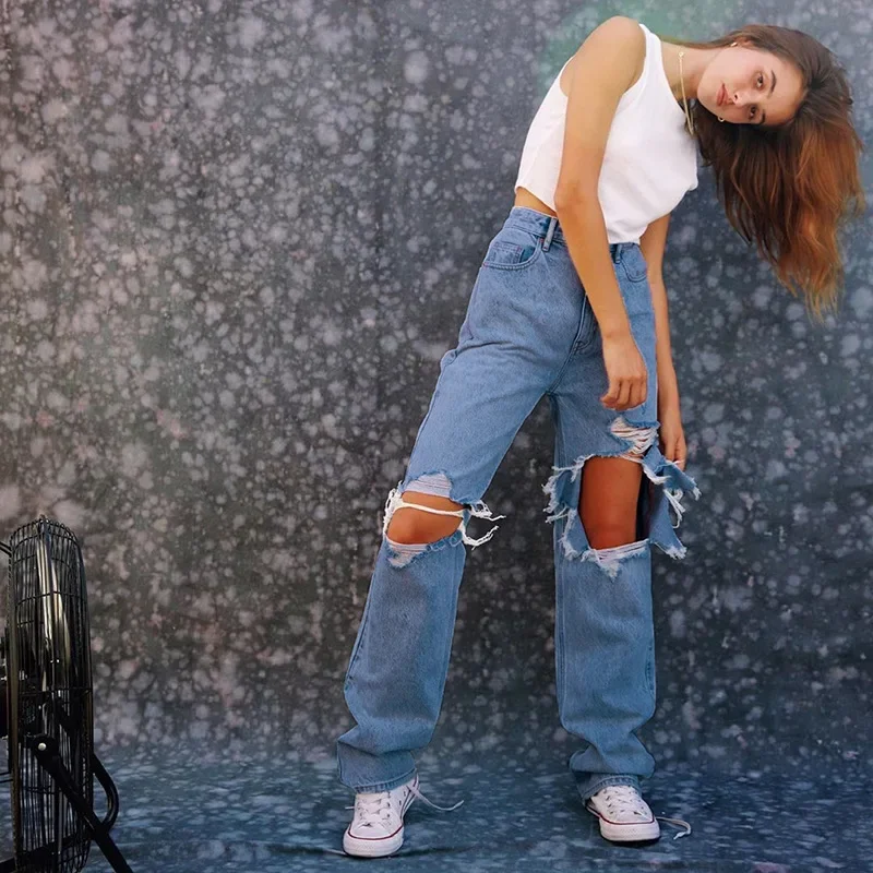 Fall Women High Waist Ripped Hole Jeans Pants Female Casual Baggy Denim Pants All-Match Streetwear Straight Jeans Fashion 2023