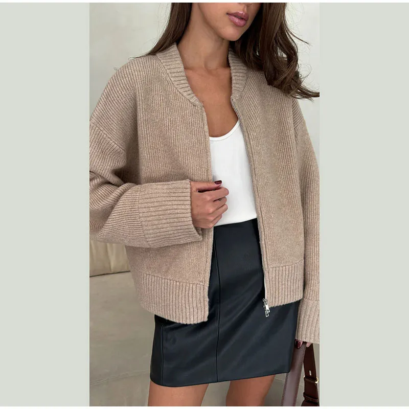Vintage Knit Zipper Cardigan For Women Solid Loose O Neck Long Sleeve Sweater Top Female Fall Winter All-matching Knitwear