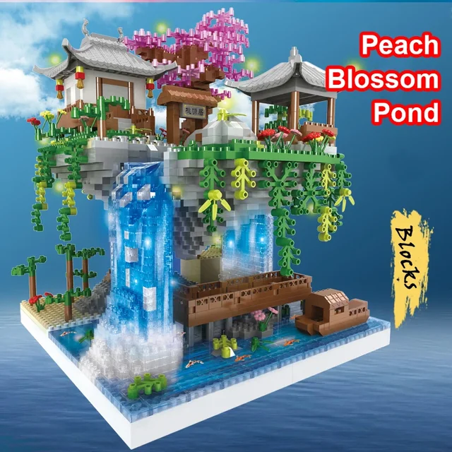 3320 Pcs Tree House Mini Diamond Block Particle Peach Blossom Pool Traditional With Light Chinese Architecture Building Blocks 3