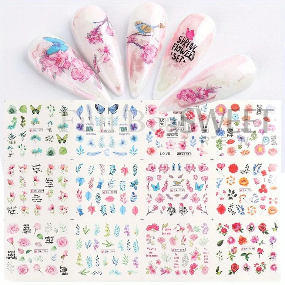 Simple Tulips Flower Nail Stickers 12 Designs Colorful Bouquet Bow Sunflower Water Decals Nail Art Decoration Watermark Florals