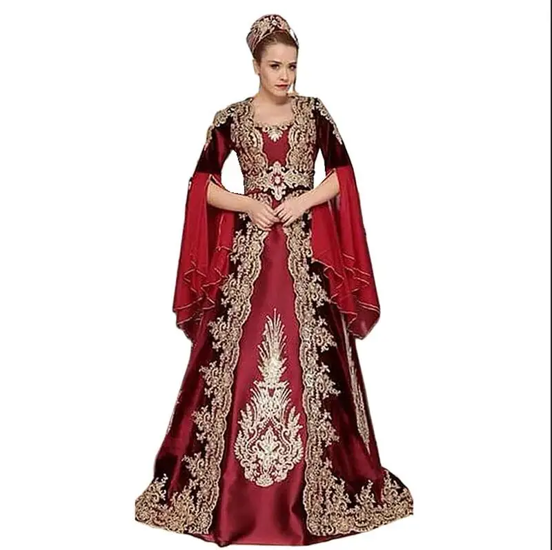 Arabisch Marokkanischen Kaftan Abendkleider Glocke Langen Ärmeln Gold Muster Spitze Applique Burgund Kaftan Dubai Anlass Prom Kleid