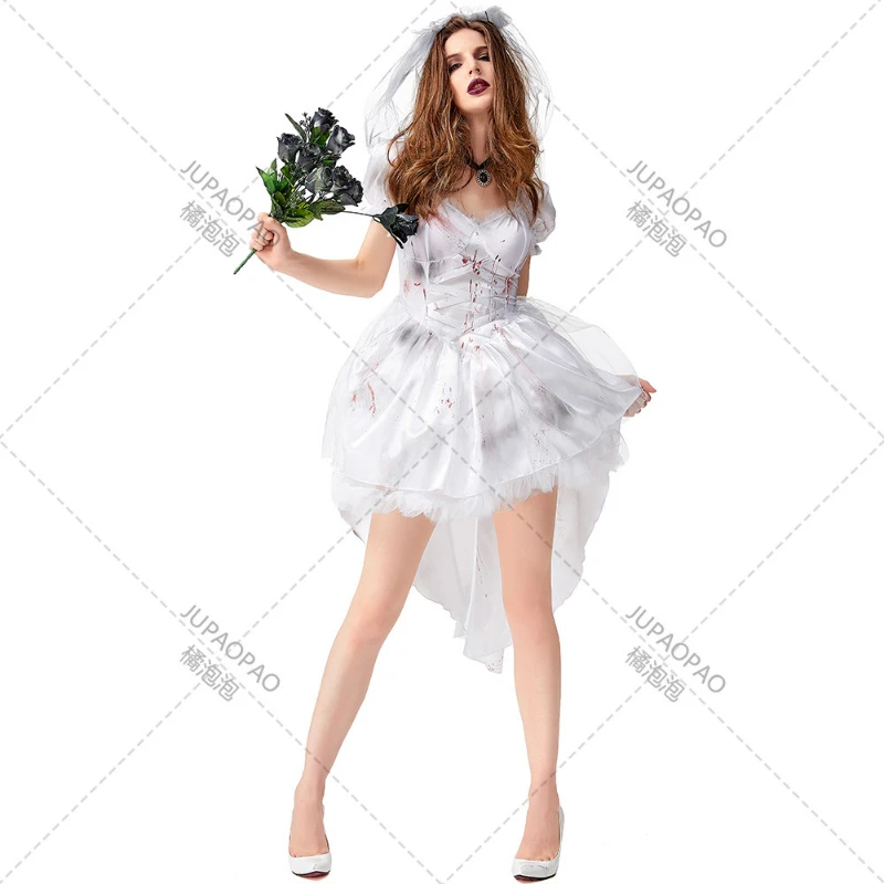 Zombie Death Bride Costume Adult Female Halloween Carnival Ghost Vampire Role Play Uniform, White Ghost Bride Blood Clothes