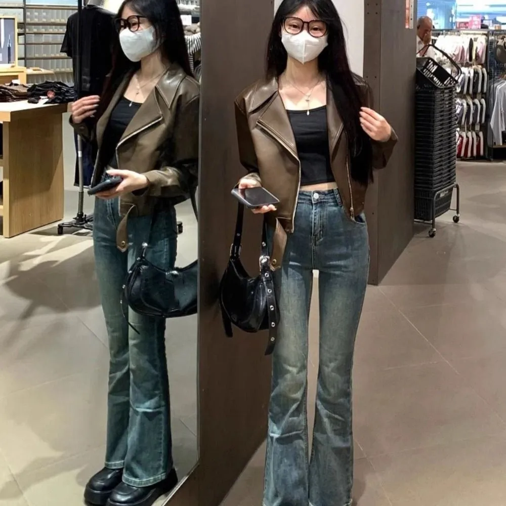 Sweet Pleated Leather Jacket Women Lapel Collar Outerwear Vintage PU Coats Korean Chic Zipper Overcoat Autumn/Winter