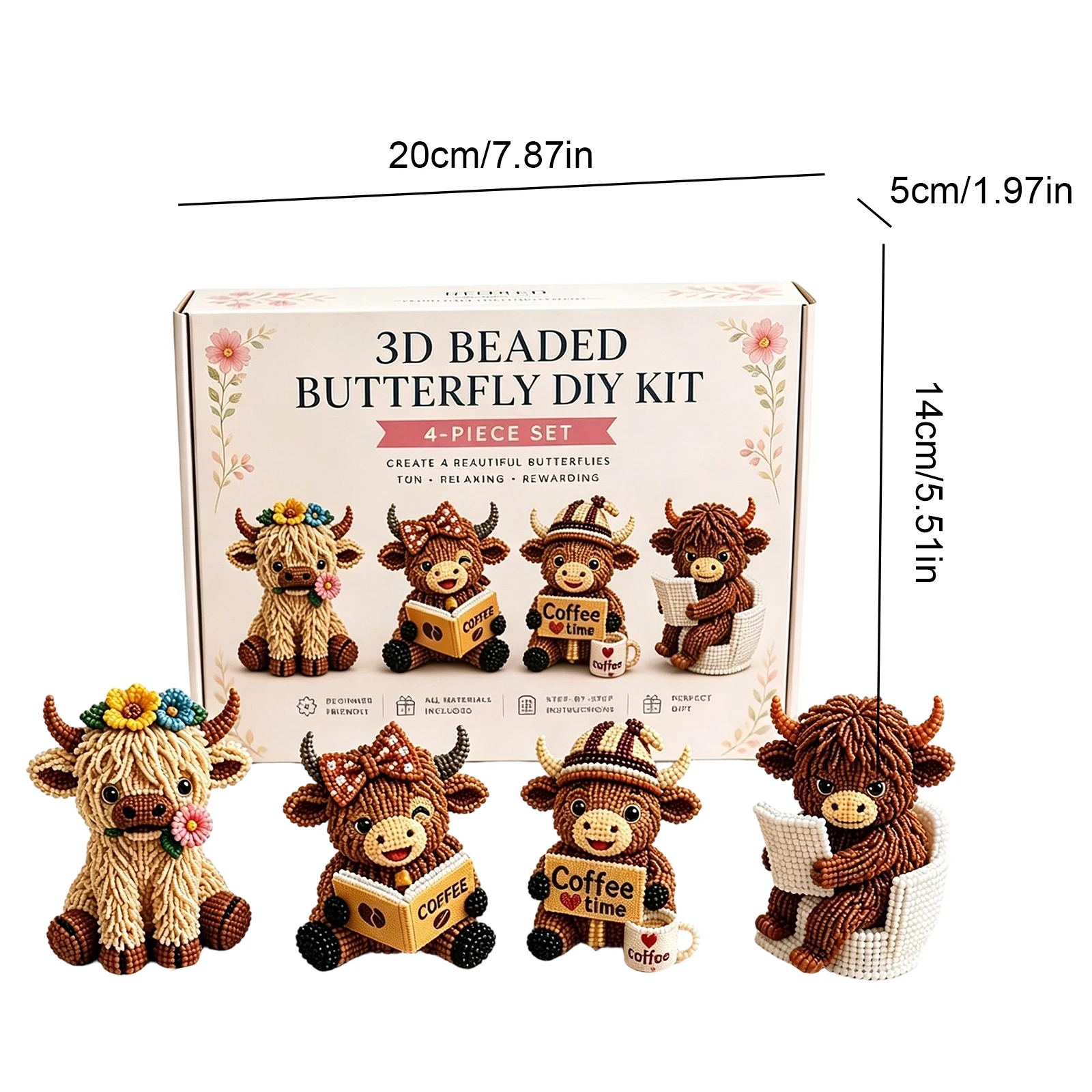 3D DIY 비즈 동물 만들기 키트 4개 귀여운 하이랜드 소 수제 비즈 아트 키트 비딩 아트 세트 초보자 및 공예 애호가용