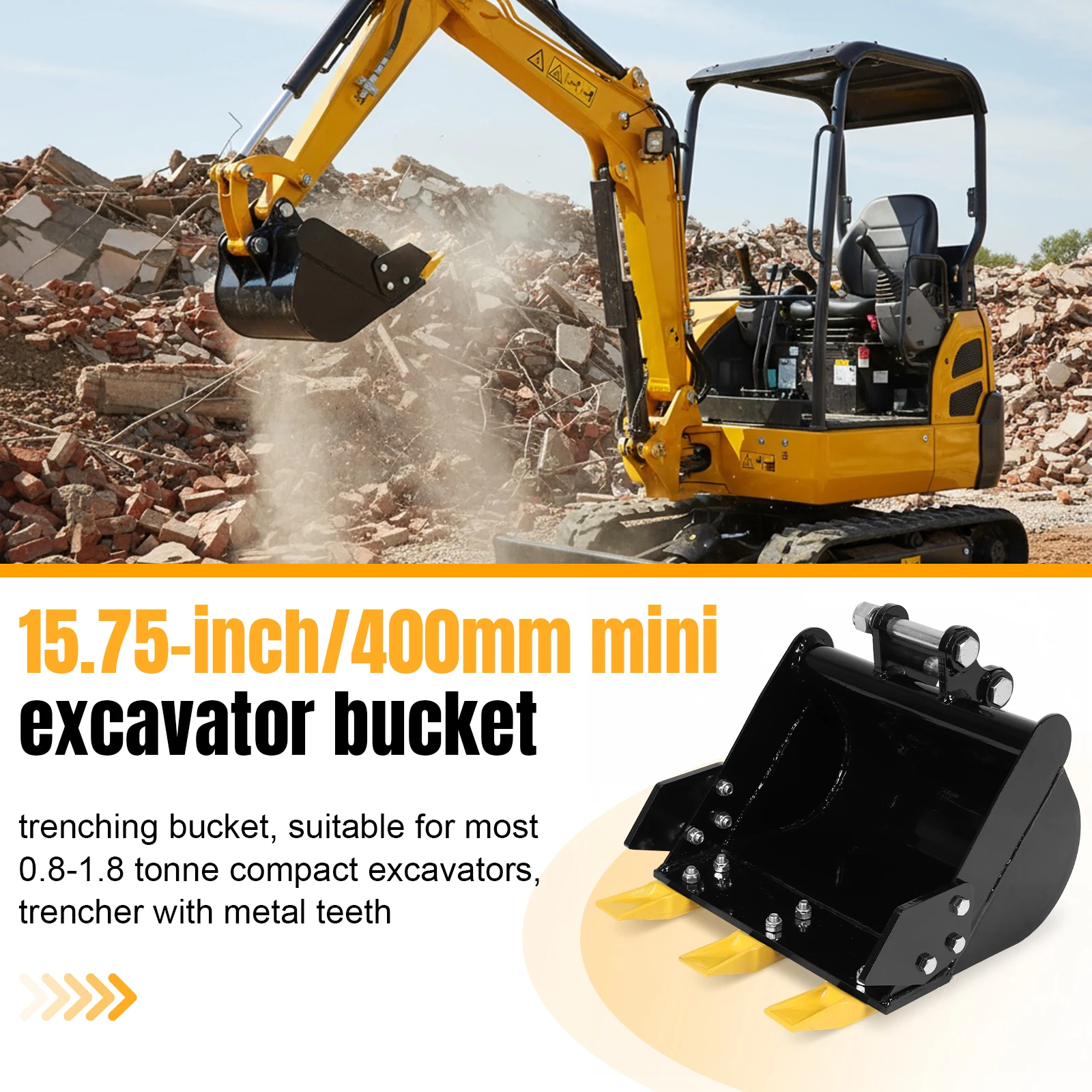 15.75in/400mm Heavy Excavator Attachment 0.98in Hole Mini Trench Bucket 3.46in Center Wheelbase Compatible with 0.8-1.8T Diggers