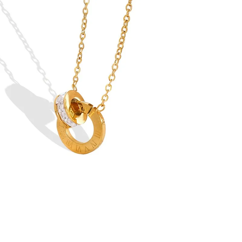 316L Stainless Steel Clavicle Chain CZ Crystal Double Circle Roman Numeral Pendant Necklace For Women Wedding Jewelry Gifts 5