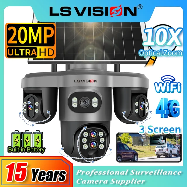 LS VISION 20MP 4 objectifs trois écrans 4G caméra solaire extérieure WiFi 10X Zoom optique suivi automatique Wifi caméra de Surveillance V380 Pro 1