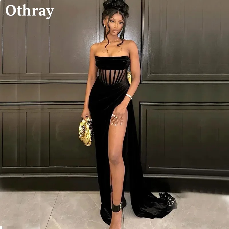 

Othray Black Velvet Evening Dresses Pleats High Silt Side Illusion Formal Long Prom Gowns Vestido De Noche School Party