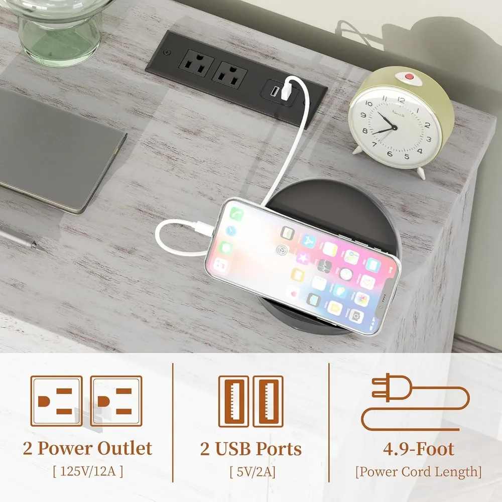 Large Nightstand Set of 2 with Charging Station, Bedside Table with USB Ports and Outlets, Farmhouse Wood End Table