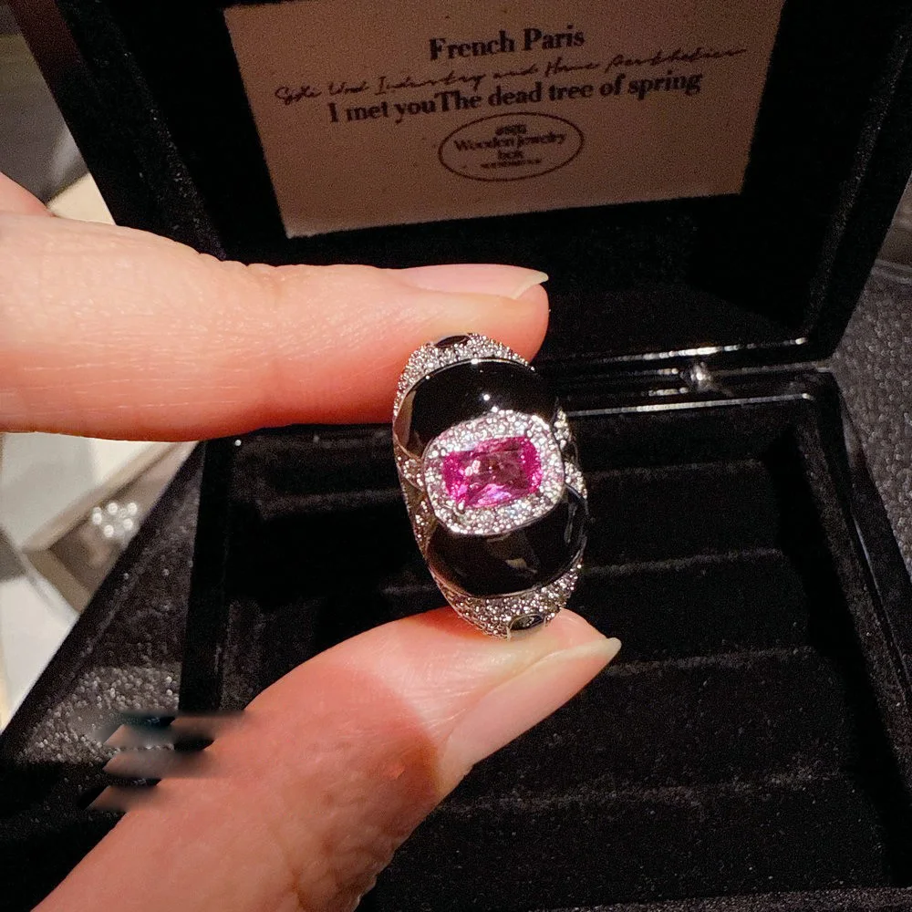 Women 2024 Rupee Onyx Gemstone Ring Vintage Honeycomb Rouge Pink Zirconia Necklace Earrings 3