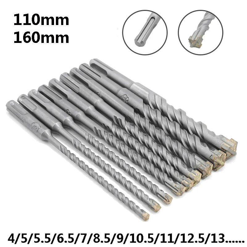 6 25mm various sizes carbide steel impact drill cement concrete wall drill construction four pit side shank power tool drill bit 1PCS 110mm 160mm cross electric drill bit non-standard drill bit concrete drill bit round shank SDS PLUS 4-17mm through the wall