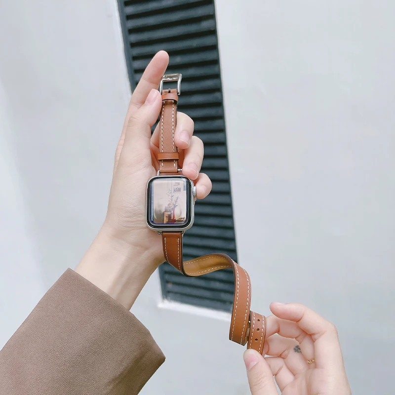 애플 워치 밴드용 슬림 어태티즈 더블 투어 가죽 스트랩, 울트라 49mm, 45mm, 41mm, 44mm, 42mm, 38, 40 팔찌