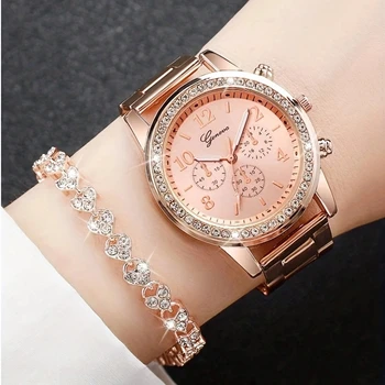 2Pcs Fashion Light Luxury Commuting Campus Style Alloy Women’s Quartz Watch Heart Diamond Bracelet Set is an ideal choice for ho