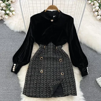 Elegant Long Sleeve Vintage Stand Collar Chic Velvet Spliced Coarse Tweed Slim A-line Dresses High Street Autumn Winter Clothing