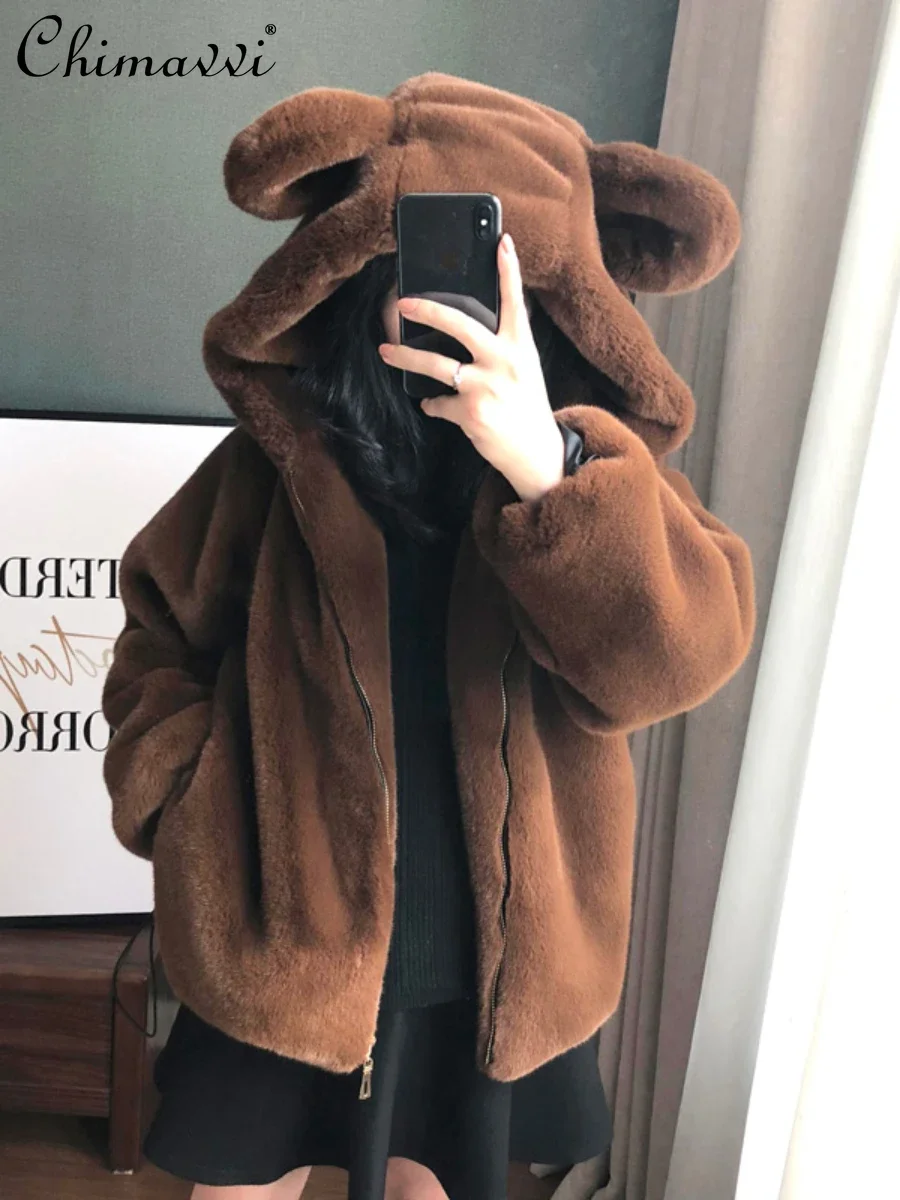 2023 Winter New Cute Fashion Hooded Big Ears Lamb Wool Mid-Length Coat Female Loose Warm Sweet Student Elegant Faux Fur Jacket