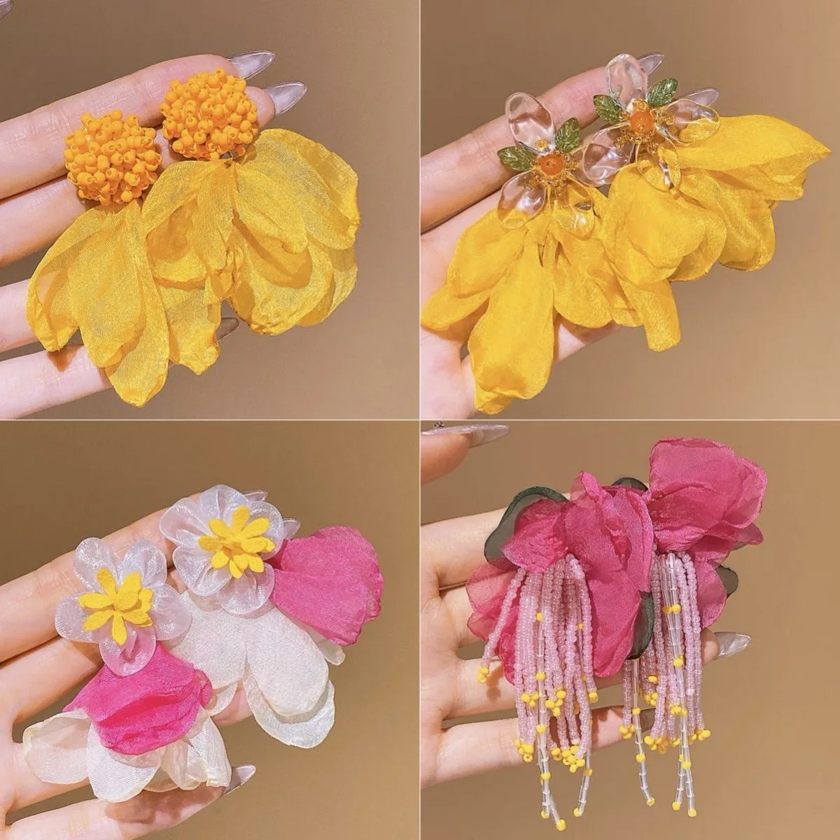 Ladies Korean style earrings yellow chiffon flower earrings, designer environmentally friendly retro summer vacation earrings