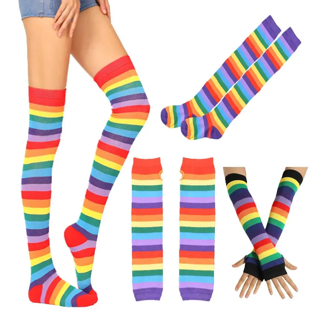 Rainbow Arm Warmers Socks Gloves Women Thigh High Striped Slim Leg Stockings Hand Dual Purpose Spandex Mitten |