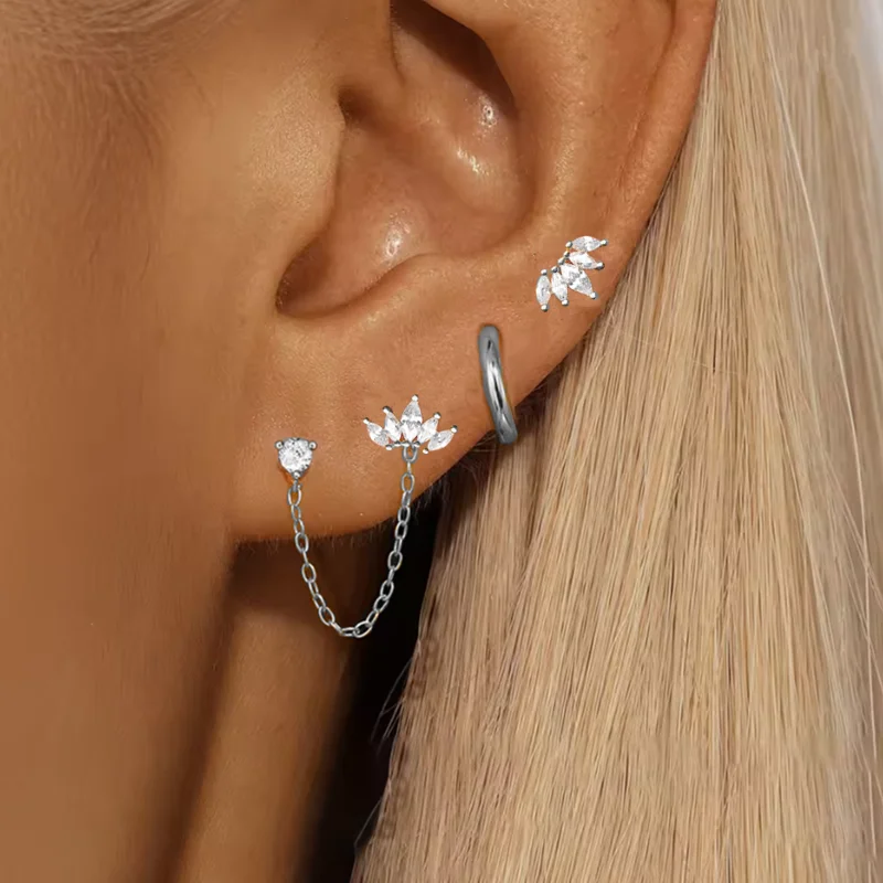 3-teiliges Edelstahl Zirkon Blumen-Stern Ohrstecker Set 14K Vergoldete Kette Knorpel-Piercing Ohrringe Damenschmuck – Detail 4