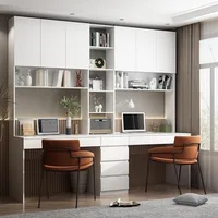 2-in-1Computer Desk for2Person with 82.7" Tall Bookshelf&3-Color Lights,90.6"L-Office Desk with4Drawers,14Shelves&6 Glass Doors 1