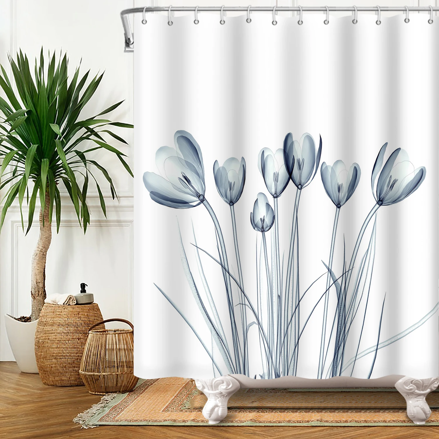 Tulip Flower Shower Curtain Blue Purple Floral Waterproof Fabric Bathroom Curtain 3d Printing Bathtub Screen with Hooks 180x200