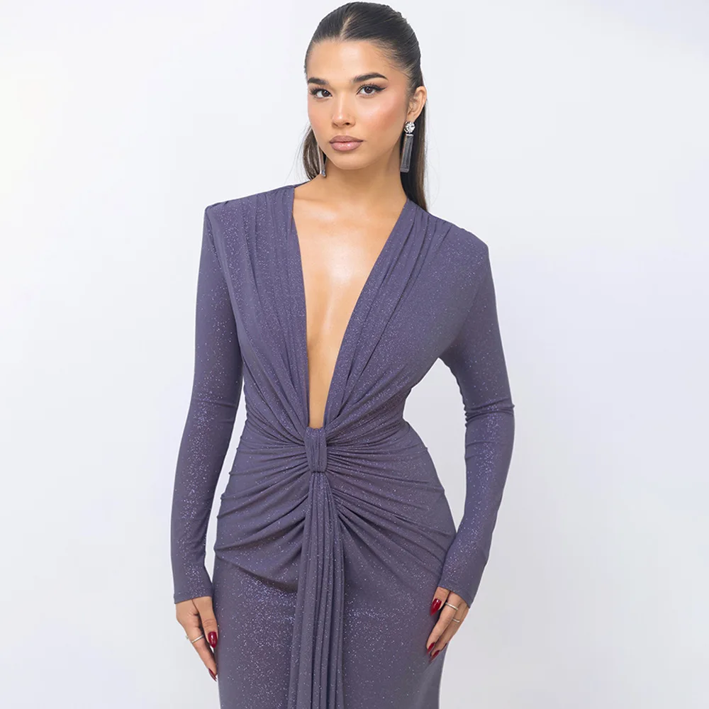 Elegant Long Sleeve Elastic Tight Party Evening Dress For Women Sexy Deep V-Fold Lace Vestido Autumn/Winter New 2025