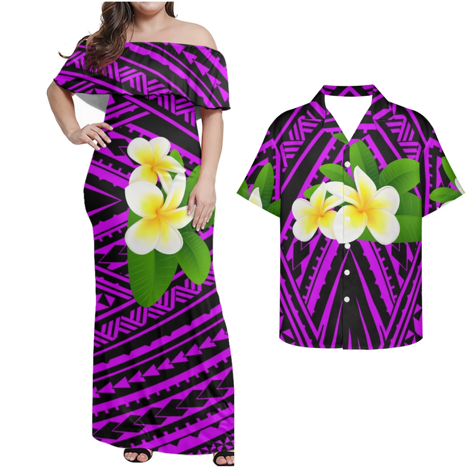 

Striped Matching Sets for Couple, Purple Hibiscus Print, Ruffle Sleeved, One Shoulder, Elegant Dress, Casual Hawaiian Tops