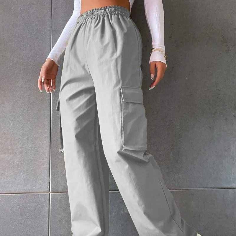 Spring Autumn Women's Elastic High Waisted Solid Color Pocket Straight Tube Wide Leg Workwear Casual Trousers Fashion Pants elmsk workwear pants men s handsome hip hop wide leg pants straight tube loose fitting oversized leggings trendy and versa